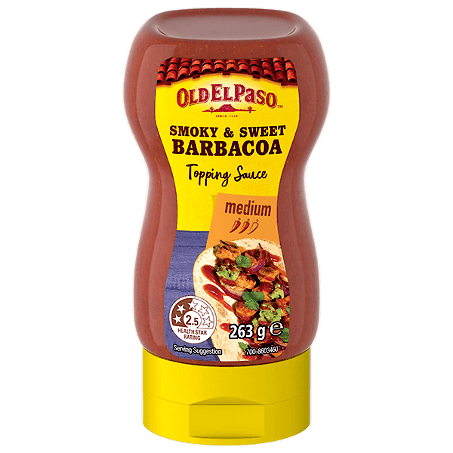 squeezy bottle of Old El Paso smoky & sweet barbacoa medium topping sauce, 263g